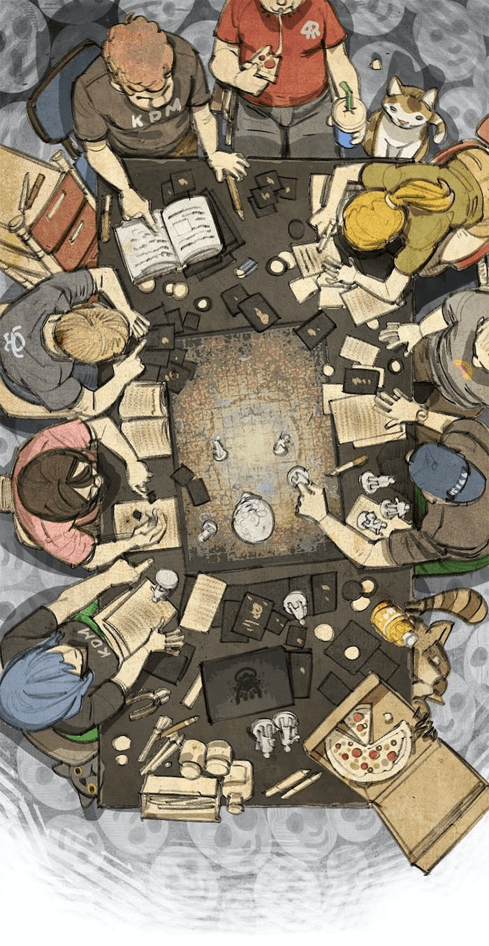 Une table de jeu de rôle avec des dés et figurines